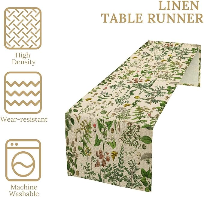 Vintage Botanical Mushroom Table Runner Wild Floral Retro Boho Plants Herbs Ferns Dinner Runner for Farmhouse Cabin Home Kitchen Dining Holiday Party Decor 13x70in