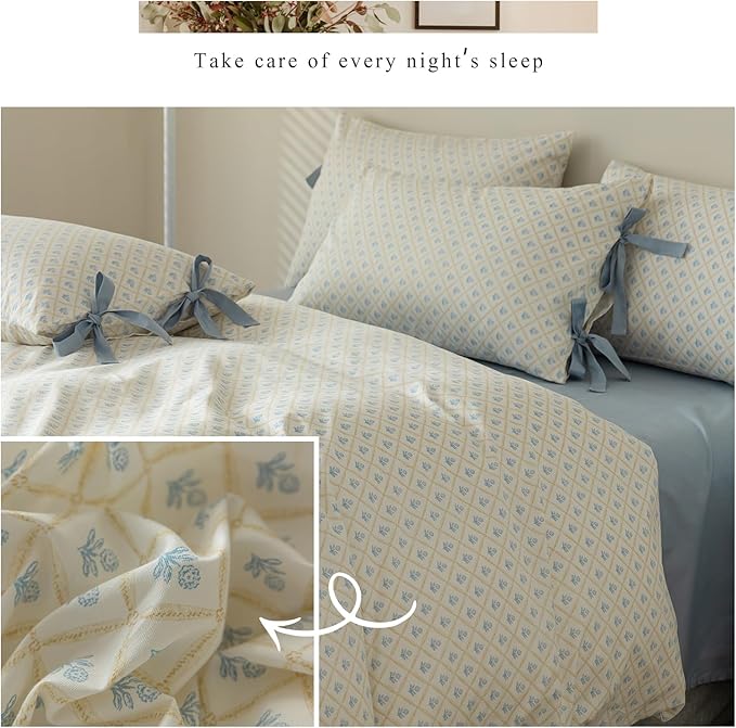 Blue Flower Duvet Cover Queen Chic Plaid Grid Print 100% Cotton Floral Bedding Set Cottagecore Flower Comforter Cover Vintage Country Bedding Aesthetic Floral Duvet Cover with 2 Bow Ties Pillowcases
