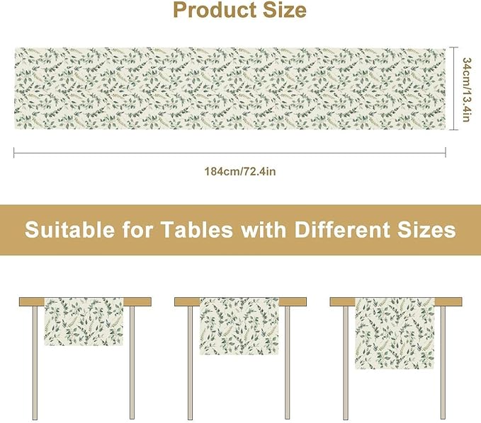 Watercolor Leaf Table Runner, Green Botanical Leaves Nature Decor Table Runner for Kitchen Dining Party Picnic Decoration, 13x60 Inch