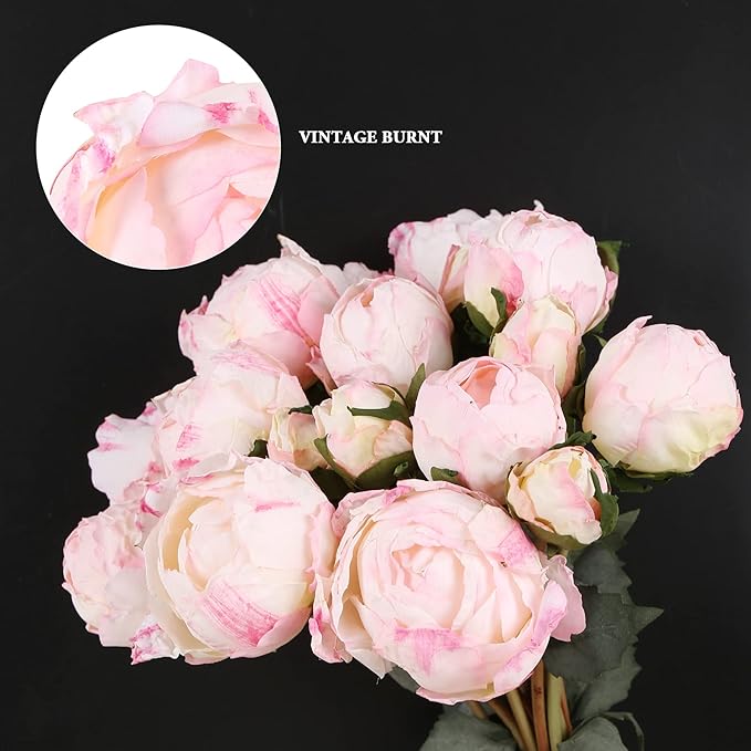 Pink Peonies Artificial Flowers 2 Bouquets Vintage Peonies 18pcs Pink Peonies with Single Long Stems Silk Flowers for Wedding Decoration Bride Bouquet Flowers Crafts Floral Arrangement (Pink)