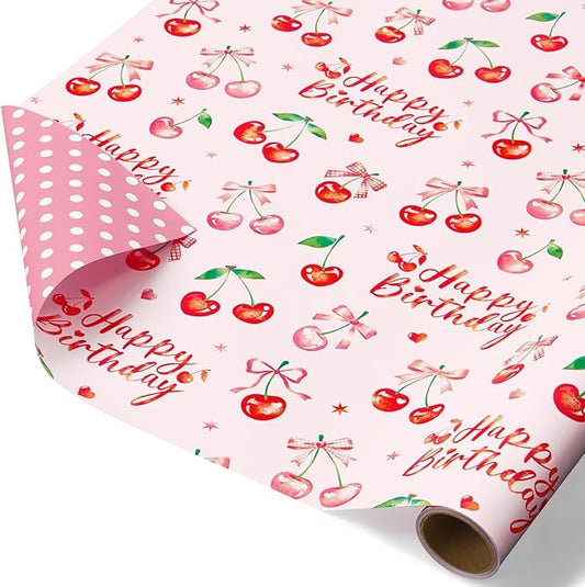WERNNSAl Cherry Bow Wrapping Paper Roll- 1 Roll 17” x 16.4 ft Cherry Bow Tie Ribbon Gift Wrapping Paper for Girls Women Birthday Pink Birthday Wrap Paper with Polka Dot Design for Party Supplies