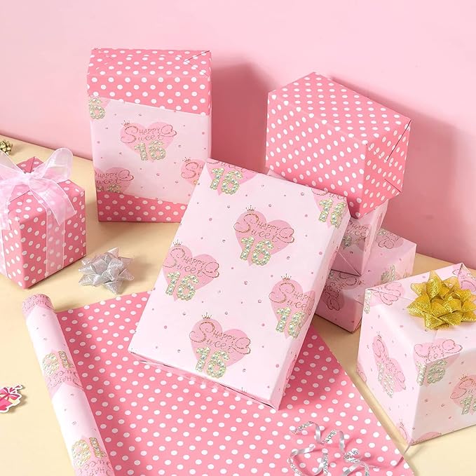 WERNNSAI Sweet 16th Birthday Wrapping Paper - 1 Roll 17”x 16.4ft Love Heart Wrapping Paper 16th Pink Girl Gift Packing Favor Birthday Party Wrap Decor Supply