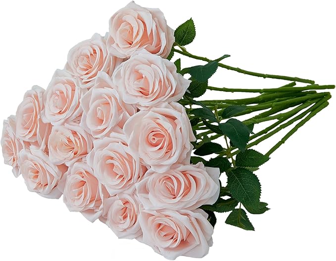 15pcs Blush Roses Artificial Flowers Silk Fake Flowers Realistic Pink Roses Bouquet Long Stemink for Wedding Home Party Birthday Decoration