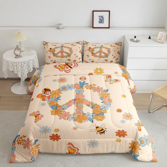 Retro 70s 60s Hippie Comforter Set Twin Size,Groovy Flowers Butterfly Honeybee Quilt Set for Kids Boys Bedroom Collection,Floral Peace Symbol Polyester Bedding with 1 Pillowcase,2Pcs