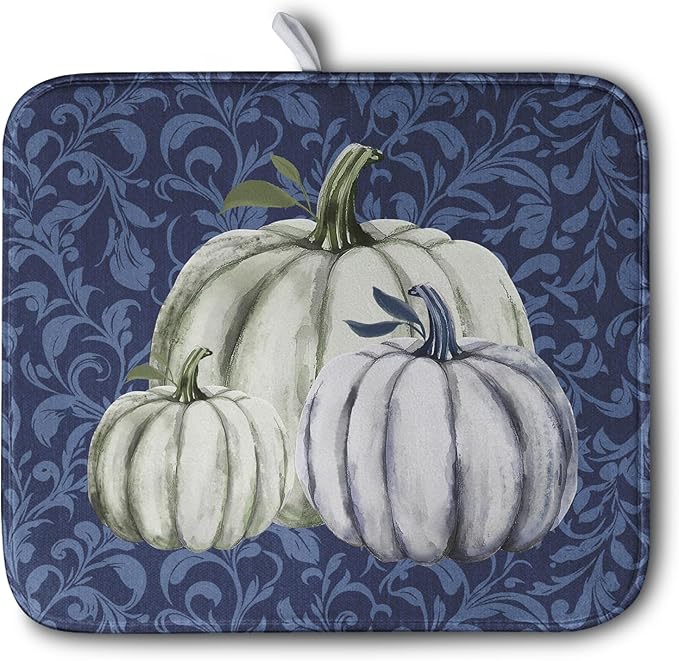 Autumn Dish Drying Mat Fall Navy Blue White Pumpkin Dish Pad for Kitchen Counter 16x18 Microfiber Absorbent Thanksgiving Dish Draining Mat Reusable Washable Dish Drainer Rack Mat
