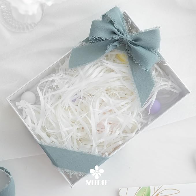 MEEDEE Slate Blue Chiffon Ribbon 1 Inch Fringe Ribbons Dusty Blue Chiffon Silk Frayed Edge Ribbon Thin Chiffon Ribbons for Crafts, Gift Wrapping, Wedding Invitation (3 Rolls 21 Yards)
