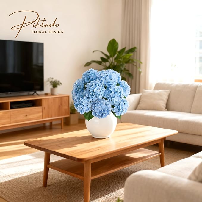 A Bunch 21in, Real Touch Hydrangea Artificial Flowers, with 5pcs Flower Head 10pcs Leaves, Faux Hydrangea Flowers for Home Office Decor Wedding Party Arrangements (1, Blue)
