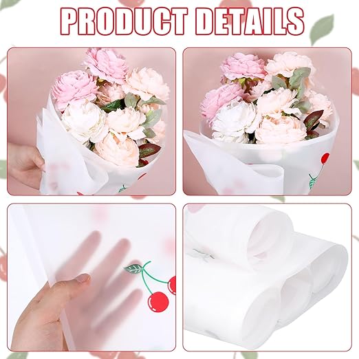 20 Sheets Bouquet Wrapping Paper, 22.4Inch White Cherry Pattern Flower Floral Wrapping White Floral Paper for Bouquets Kit, Waterproof Decorations with Ribbon for DIY Crafts Wedding Birthday Party