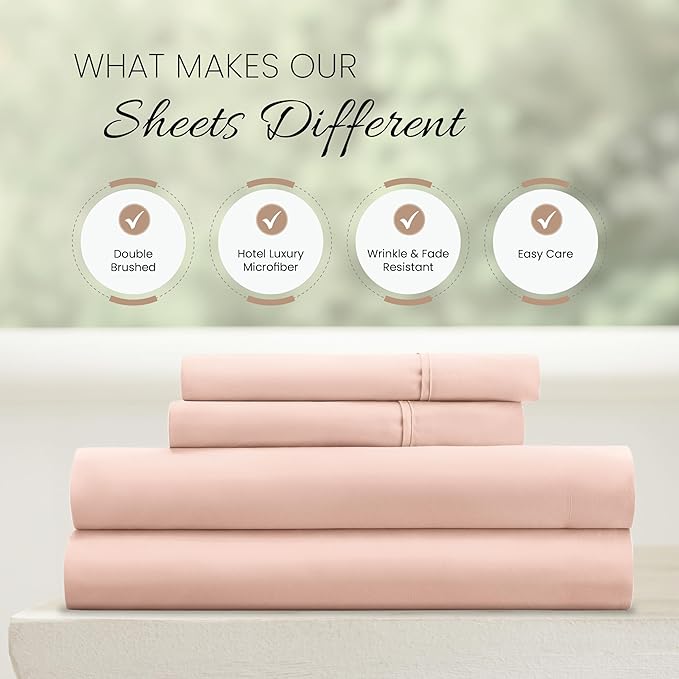 Linen Market Brushed Microfiber King Sheet Set 4 Piece – Oeko-TEX Certified Ultra Soft & Wrinkle-Free - 16" Deep Pocket Sheets - Easy Care King Size - Blush