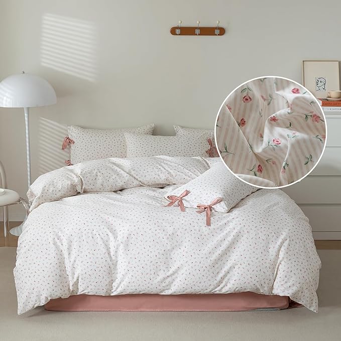 LifeTB Boho Farmhouse Comforter Set Twin XL Botanical Floral Bedding Comforter with 2 Bow Tie Pillowcases Coquette Flowers Comforter Soft Fluffy Cottagecore Floral Stripes Bedding Set for Teen Girls