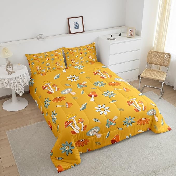 Castle Fairy Retro Hippie Mushroom Comforter Set Full Size,Groovy Flowers Floral Bedding Comforters for Girls Teens Gift,Yellow Boho Quilt Set with 2 Pillowcases,Chic