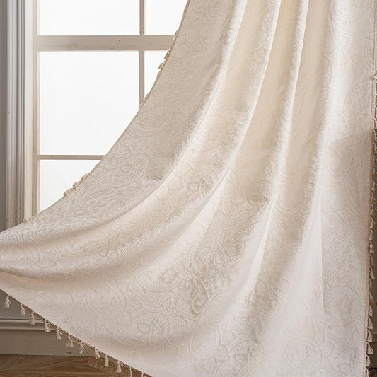 ENJOYBRIDAL Paisley 63 Inch Curtains for Bedroom Living Room Drapes Jacquard Semi Sheer Off White Short Window Curtain Panels Rod Pocket 2 Panels Set Boho Farmhouse Floral Cream Window Treatments