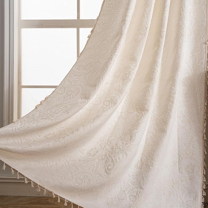 ENJOYBRIDAL Paisley 96 Inch Curtains for Bedroom Living Room Drapes Jacquard Semi Sheer Off White Long Window Curtain Panels Rod Pocket 2 Panels Set Boho Farmhouse Floral Cream Window Treatments