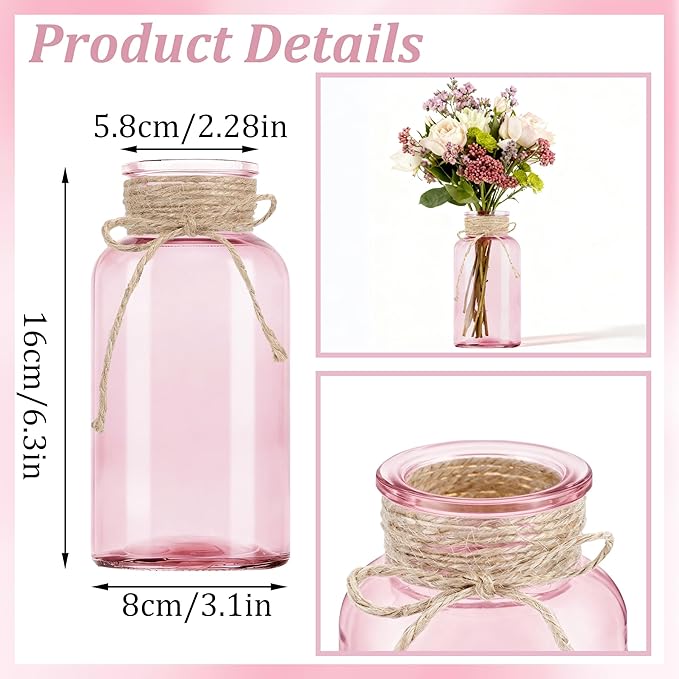 Vintage Glass Flower Vase，12 Pack Pink Farmhouse Glass Centerpiece Vases Mason Jars for Weddings, Parties & Home Decor Bulk (12, Pink)