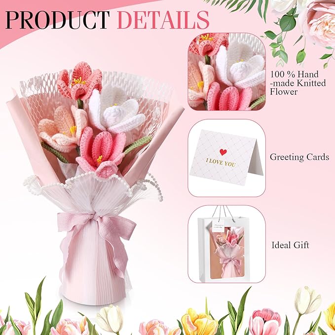 Juinte Crochet Flowers Bouquet Gift Christmas Crochet Flower Tulips Completed Handmade Knitted Bouquet with Card for Women Girlfriend Lover Appreciation Gift Birthday Wedding Teacher Decor(Pink)