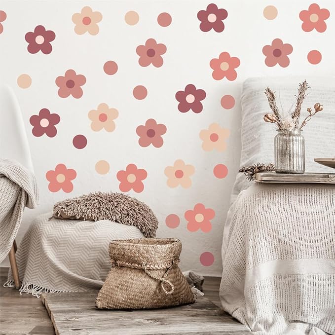 Daisy Flowers Wall Stickers – 180 Pcs Peel & Stick Removable Waterproof Vinyl Floral Wall Art Decals for Bedroom, Nursery & Aesthetic Spaces | A Simple Peel Brings Cozy Boho Warmth (Retro Style)