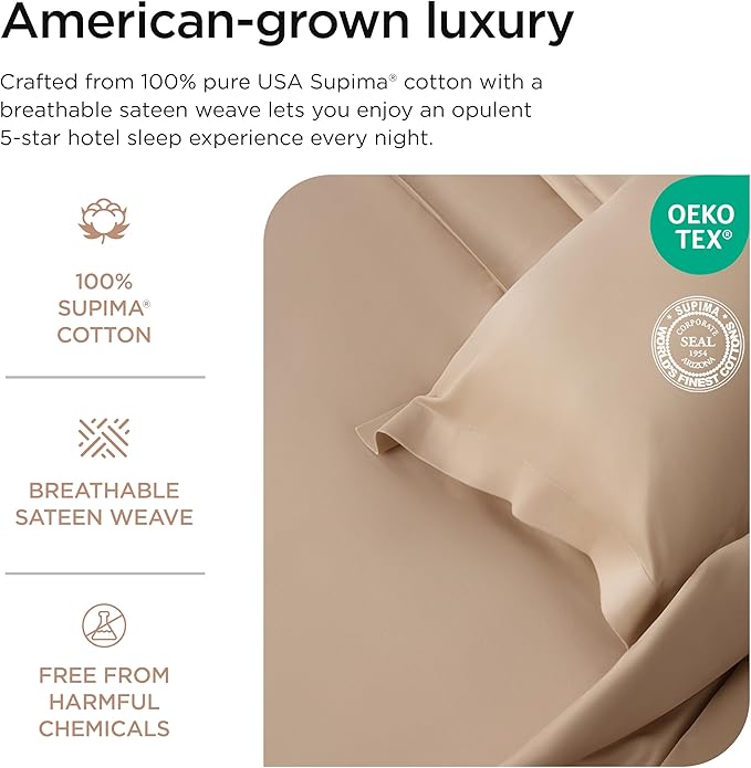 Threadmill Luxury Supima Cotton Sheets, 1200 Thread Count Soft 100% Cotton Sheets for King Size Bed, 4 Pc Beige King Bed Sheets Set, 5-Star Hotel Quality with Elasticized Deep Pocket King Sheets