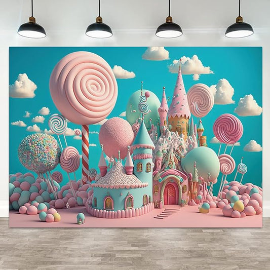 9x6ft Candyland Backdrop Sweet Candy Castle Photography Background Fantasy Lollipop Blue Sky White Cloud Cartoon Kids Birthday Banner Decorations Baby Shower Portrait Photo Booth Prop