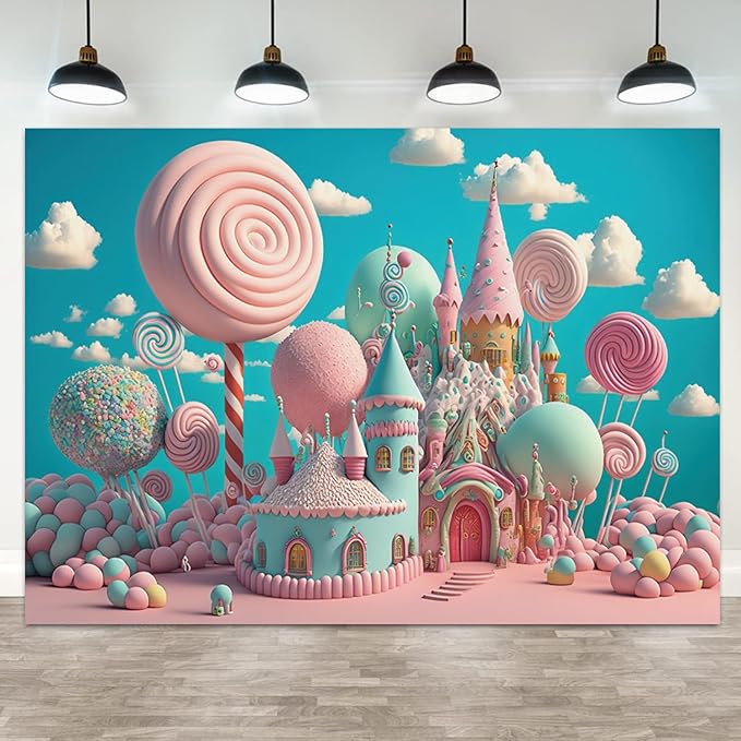 12x8ft Candyland Backdrop Sweet Candy Castle Photography Background Fantasy Lollipop Blue Sky White Cloud Cartoon Kids Birthday Banner Decorations Baby Shower Portrait Photo Booth Prop