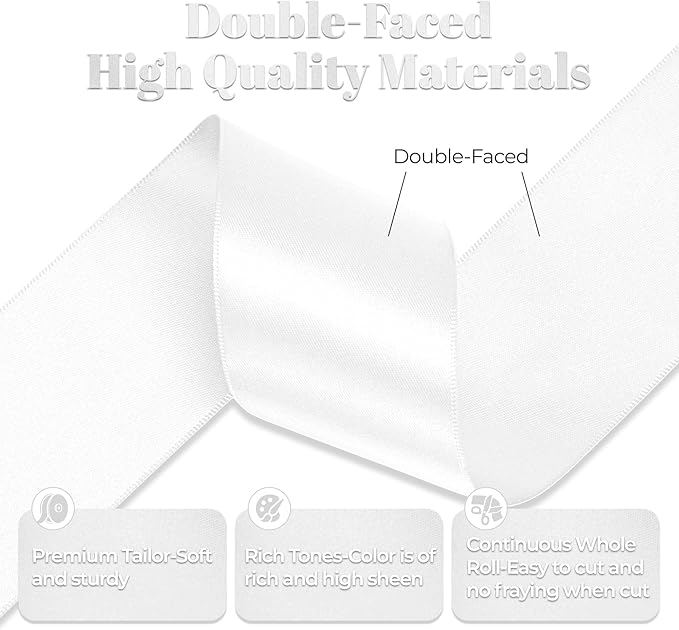 White Satin Ribbon, Double Faced 2 Inch X 25 Yards White Ribbon, Premium Satin Ribbon for Gift Wrapping, Crafts, Hair Bow Making, Sewing, Flower Bouquet, Wedding Party Decor