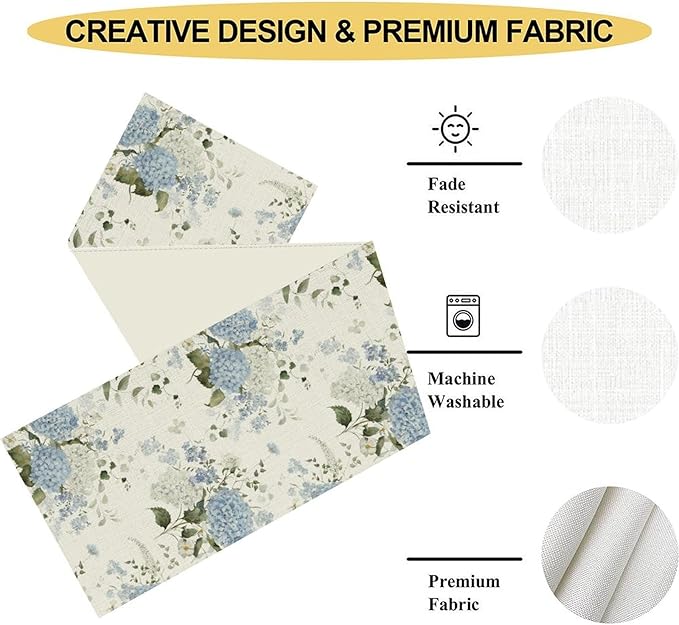 Blue Floral Table Runner, Spring Summer Watercolor Hydrangea Flower Butterfly Country Farmhouse Coffee Table Center Decor for Home Kitchen Dining Patio Holiday Party Table Decorations 13x36 inches