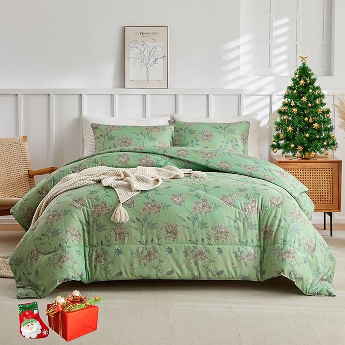 Garden Style Green Comforter Set Queen Vintage Flower Bedding Comfortet Set Soft Microfiber Bedding Set 1 Green Floral Comforter and 2 Pillowcases Chic Botanical Comforter Set for Girls Women
