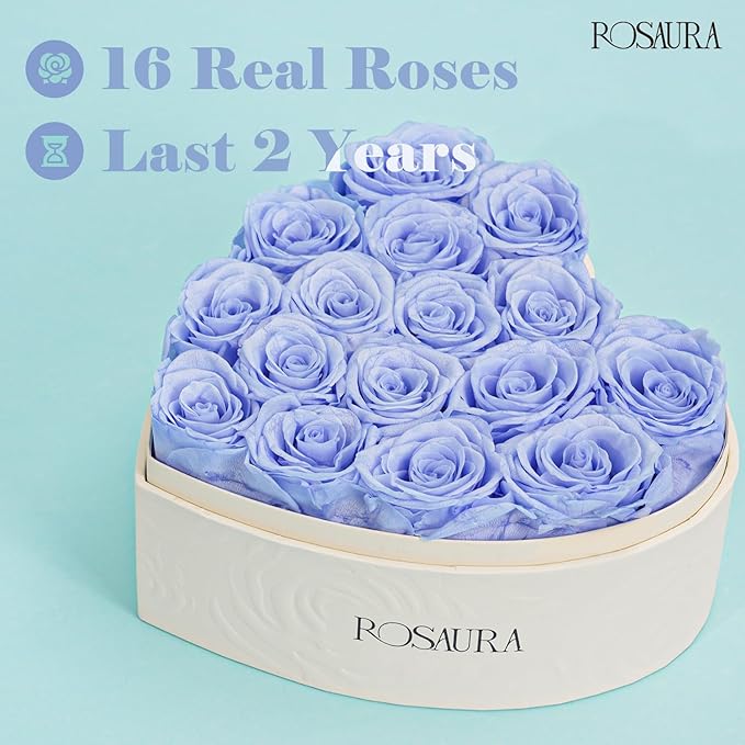 Rosaura Heart-Shaped Preserved Roses Gift Box - Real Forever Flowers for Birthday, Valentine's & Mother's Day (Sky Blue, 16 roses)