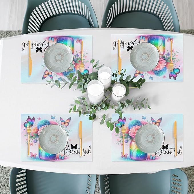 PVC Placemats Set of 1 Rainbow Flower Butterfly Wipeable Table Mats Washable Heat Resistant Non Slip Vinyl Dining Table Mat for Kithen Indoor Outdoor Patio Farmhouse Place Mats Decorative