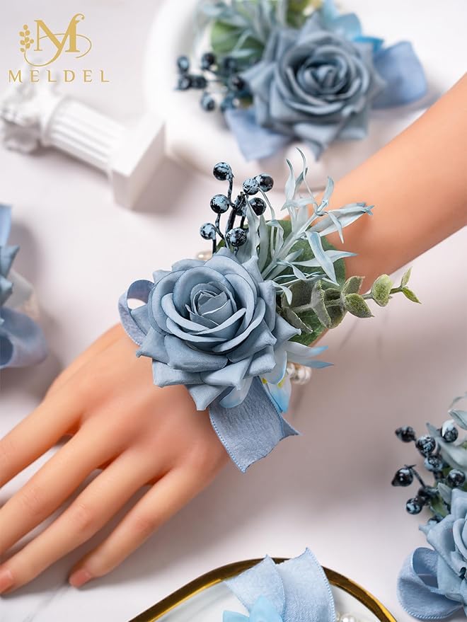 Meldel Dusty Blue Rose Wrist Corsage for Women, Set of 6, Wedding Bridal Corsage Hand Flower Decor for Prom Corsages Party Homecoming, Wristband Flowers for Bride Bridesmaid Girl Mother Wristlet Décor
