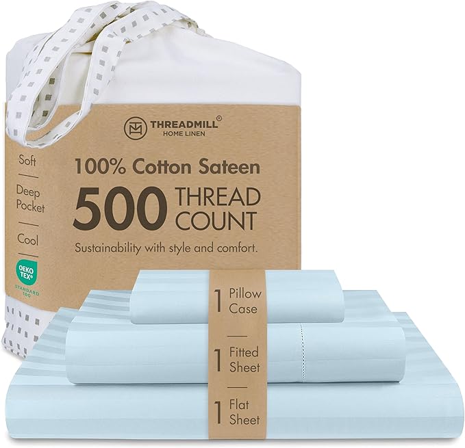 Threadmill 500 Thread Count Twin Size Damask Stripe, 3 Pc Luxury Cotton Bedding Set, Breathable Light Blue Sheets with 15" Elasticized Deep Pocket, 1 Pillowcase & Free Tote Bag