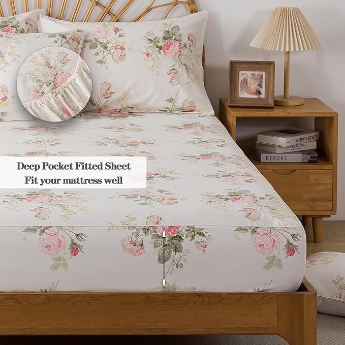 FADFAY 100% Cotton King Bed Sheet Set, 4 Piece Pink Rose Floral Printed Bedding, Soft Breathable Cooling Sheets with Deep Pocket Fitted Sheet, Flat Sheet & Pillowcases, Vintage Farmhouse Style