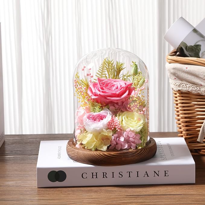 Flowers for Delivery Prime Preserved Flowers Pink Roses with LED Light in a Glass Dome,Long Lasting Real Roses Birthday Gifts for Women Daughter Mom Wife Friend（Pink Rose）
