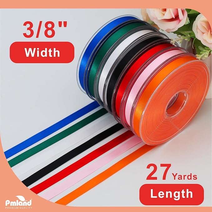 PMLAND Solid Red Fabric Satin Ribbon 3/8'' Inch x 27 Yards Double Faced Use for Crafts Gift Wrapping Floral Bouquets Ornaments Hair Bows Party Decoration