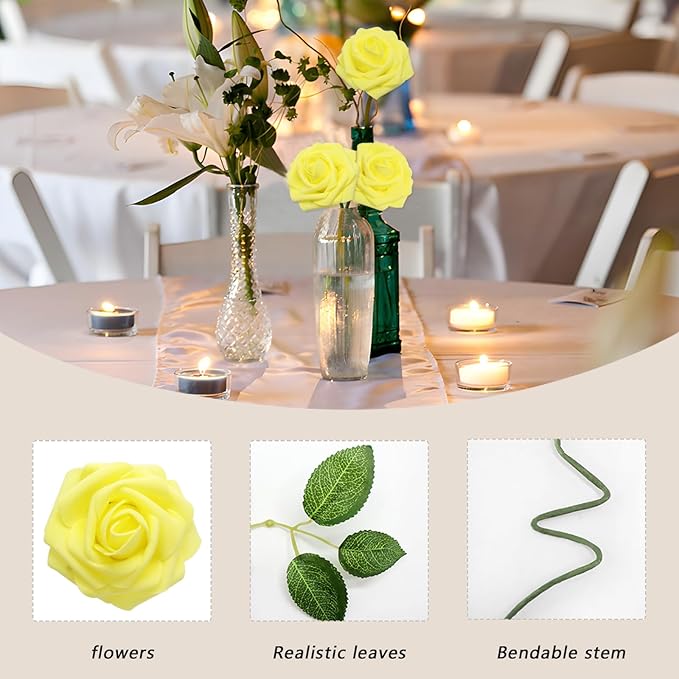 200PCS Yellow Artificial Flowers Roses Real Looking Foam Fake Roses with Leaves for DIY Wedding Bouquets Bridal Shower Party Decorations (Yellow, 200)