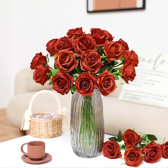 Nubry Artificial Burnt Orange Silk Rose Flower Bouquet Lifelike Fake Rose for Wedding Home Party Decoration Event Gift 10pcs (Burnt Orange)