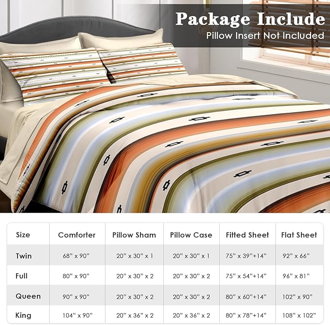 Comforter Set Queen Size, Geometric Tribal Striped 7 Pcs Bedding for Kids and Adults, Boho Modern Colorful Bed Sheet Sets with Fitted Sheet 2 Pillowcase & 2 Sham for Bedroom Bed Decor