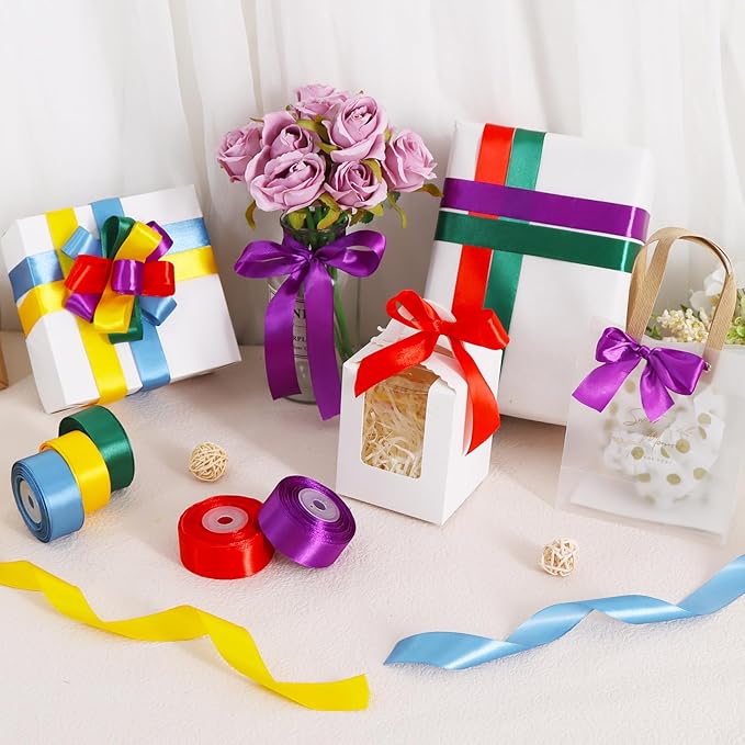 TONIFUL 1 Inch x 125 Yards 5 Colors Satin Ribbon Rolls, Mixed Bright Dark Gorgeous Color Set Fabric Ribbon for Gift Wrapping Embellish Wedding Birthday Party Decoration Bow Making Floral Craft Sewing