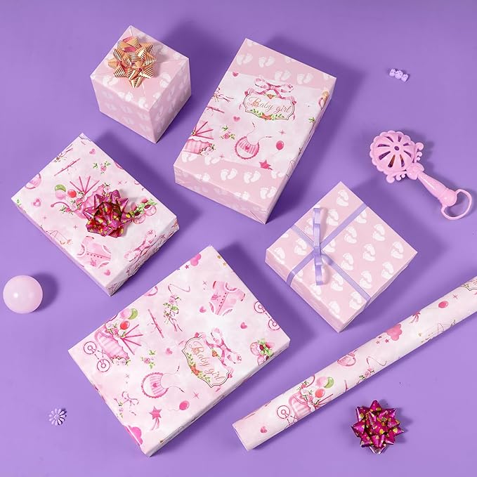 WERNNSAI Baby Girl Wrapping Paper Roll - 1 Roll 17” x16.4 ft Baby Shower Wrapping Paper for Birthday Party Pink Girl Gift Packing Supply Baby Shower Design Reversible Footprint Print