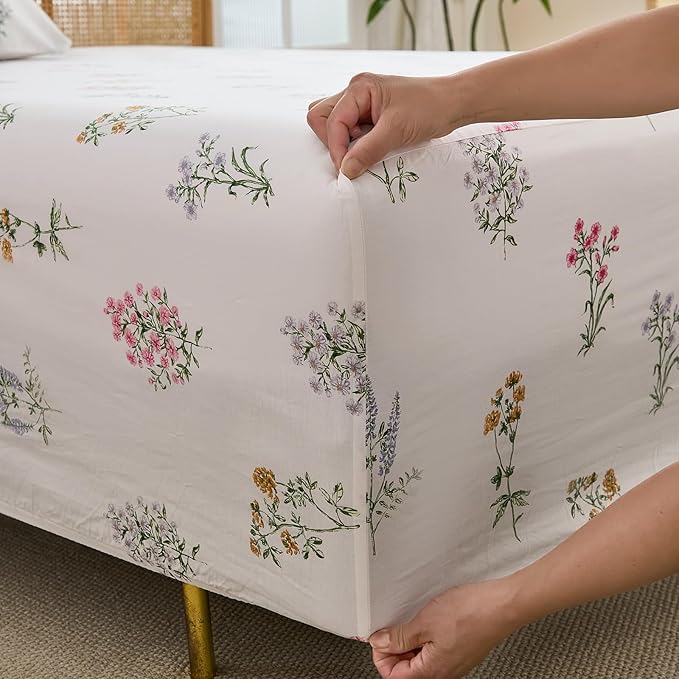 100% Cotton Sheet Set King Size – 4-Piece Chic Garden Floral White Bedding Set, Soft Breathable Percale Weave, Deep Pocket Fitted Sheet 17.5", Crisp Cool Feel, Refined Botanical Elegance
