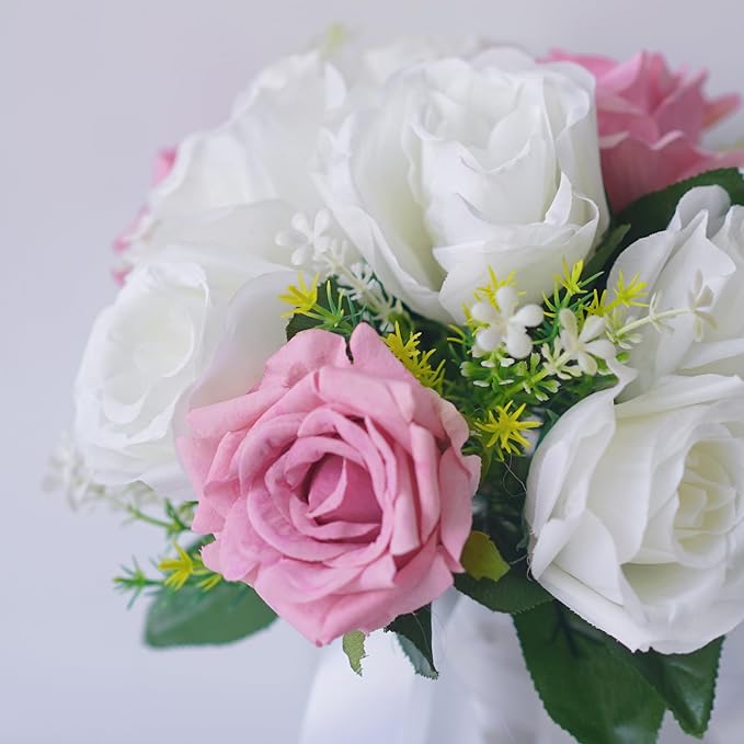 Wedding Bouquets for Bride - Realistic Silk Flowers Artificial Roses, 8 Inch Bridesmaid Bouquet for Ceremony, Church, Anniversary, and Home Decoration (White & Pink)