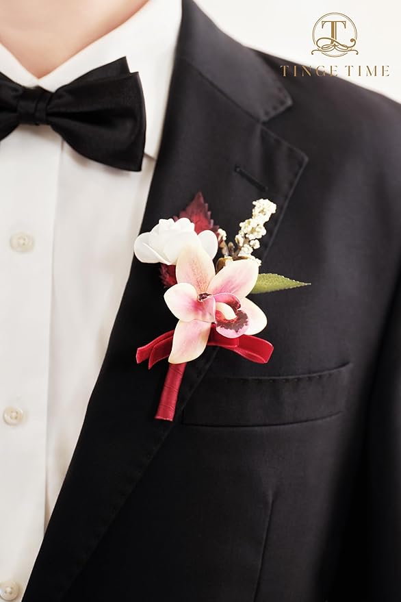 TINGE TIME Boutonniere for Men Wedding,Groom and Best Man Boutonniere for Wedding Ceremony Anniversary, Formal Dinner Party and Rustic Spring Wedding Marriage (10, Burgundy)