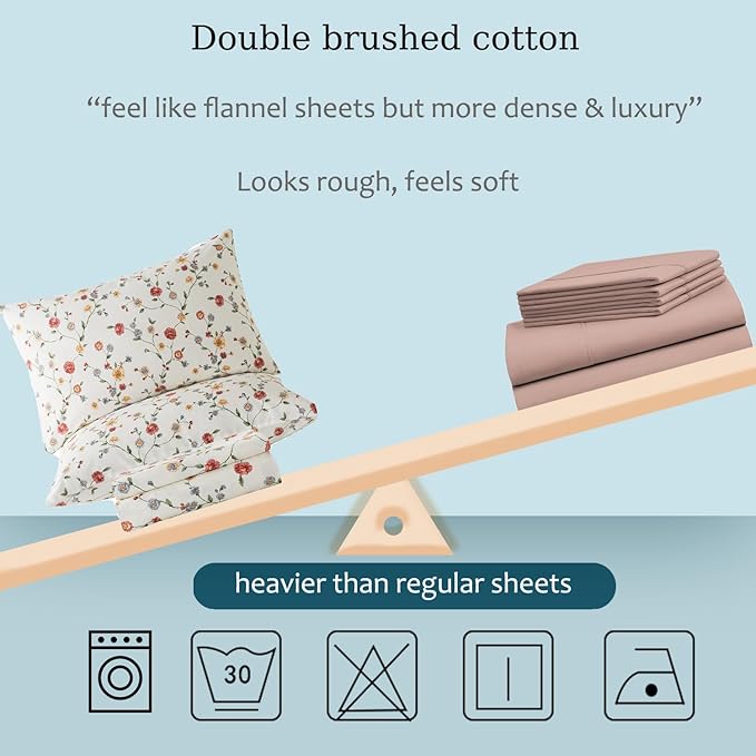 Zusbest King Size Sheets 100% Percale Cotton Off White Floral Bed Sheet Set, Brushed for Extra Softness, Breathable Luxury Flannel Sheets Like Pink Flower Print Deep Pocket Bed Set 17.5'' 4 Pcs