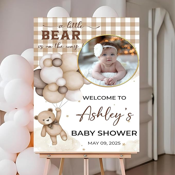 Personalized Baby Shower Welcome Sign For Outdoor, Custom Bear And Balloon Baby Shower Yard Sign With Photo, A Little Bear Is On The Way Sign, Moon Star Decorations Theme