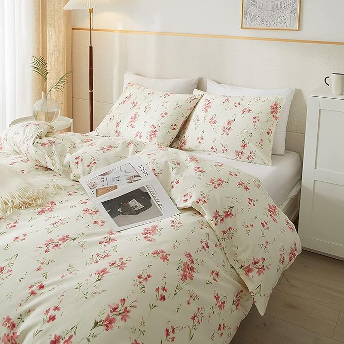 Vintage Pink Floral Comforter Set King Garden Style Boho Pink Floral Bedding Set 1 Floral Comforter with 2 Pillowcases Vintage Botanical Comforter Set Fluffy Cottage Floral King Size Comforter Set