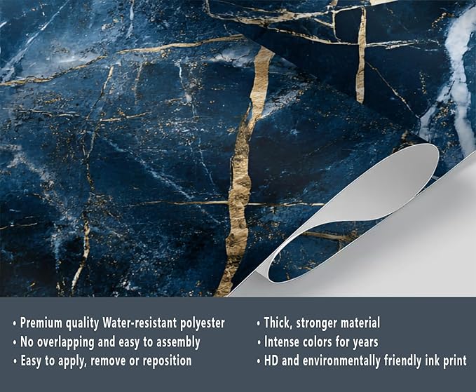 Blue Marble Wall Mural, Gold Vein Marble 3D Wall Murals, Luxury Navy Stone Wallpaper Mural, for Living Room Bedroom Large Wallpaper Indoor Decor 98.4" W x68.9 H