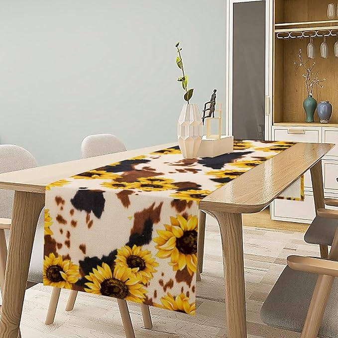 Cow Skin Print Table Runner, Vintage Sunflower Cottage Country Farm Animal Fur Skin Western Style Brown Cowhide Print Dinner Runner for Home Kitchen Dining Table 13x36in