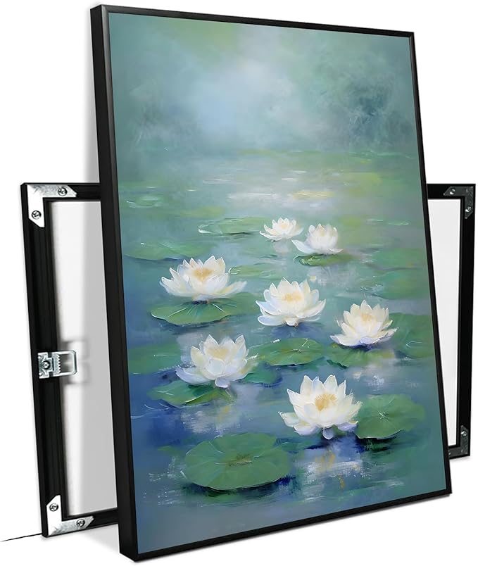 Zen wall art Delicate white lotus flower floating on calm water Vintage oil painting print Serene aquatic wall art creates a tranquil home decor 24x36in Metal blackFramed
