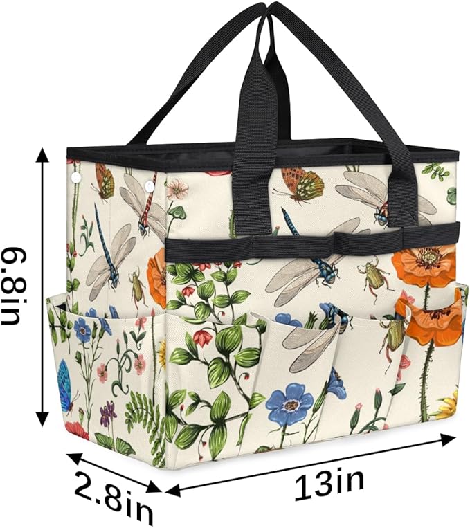 Garden Tool Tote Bag for Women Men Flower Butterfly Dragonfly Gardening Tool Storage Bags with 10 Pockets Standable Garden Home Tool Kits Organizer for Indoor Outdoor Gardening Gifts