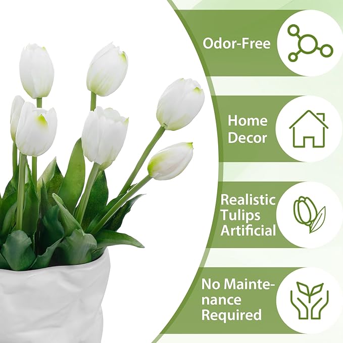 15 Pcs Off White Artificial Flowers Tulips Real Touch Latex Plastic Soft Faux Bouquets for Party, Wedding, Home, Room, Garden Decor