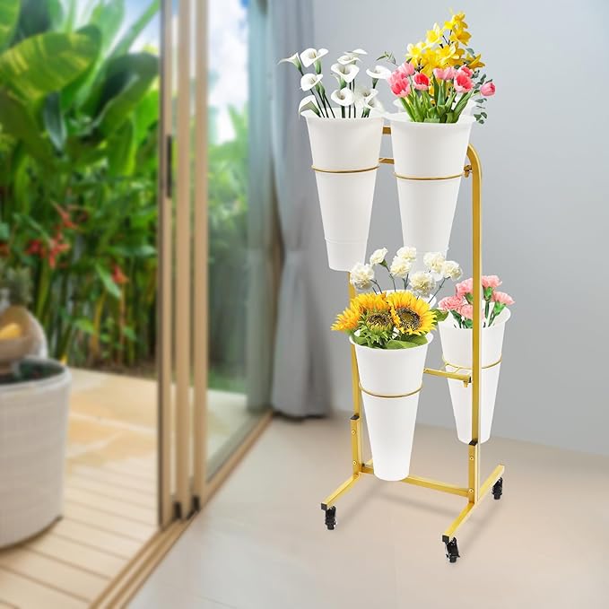 Flower Display Stand with 6 Buckets, Moving Plant Cart Shelf With Wheels and Bucket, Iron Florist Shelf, Indoor Outdoor Flower Rack for Home Patio Balcony (White)
